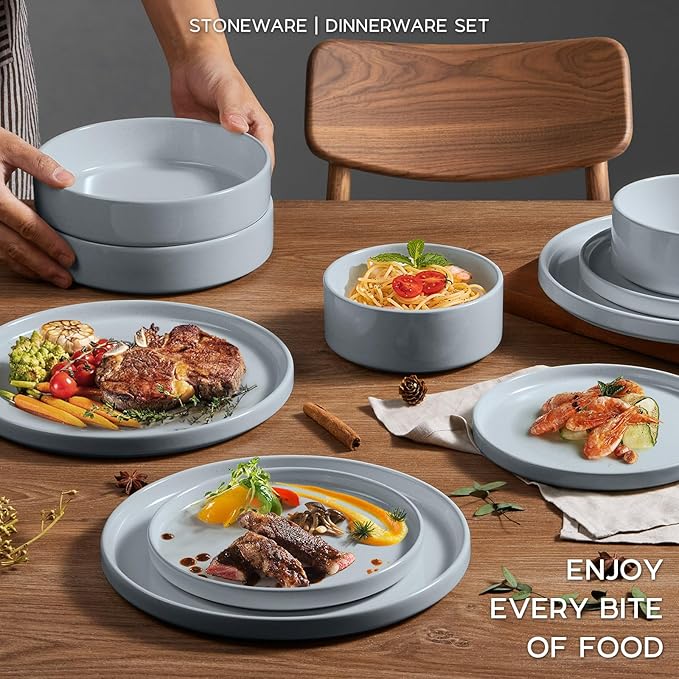 Dinner Plates and Bowls Sets, Onader 8 Pieces Stoneware Dinnerware Service for 2, Gray Ceramic Kitchen Dish Set, Speckled Dishware Dining Ware - Slate Gray