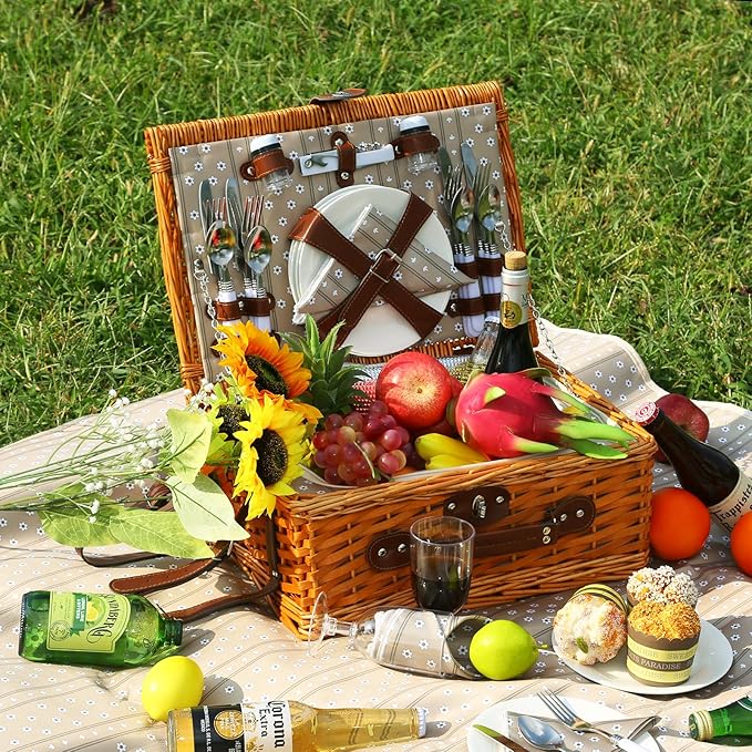 Picnic Basket Set for 4 with Waterproof Blanket Mat Insulation Bag Wicker Floral Brown Classic Fresh for Wedding Birthday Summer Camp Outdoor Camping Beach Travel Christmas