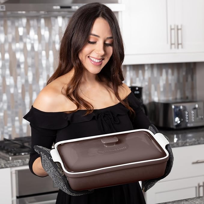 Stoneware Casserole Dish Bakeware Set with Lid, Covered Rectangular Dinnerware, Large 3.2 Quart, 11 by 9 Inch [Oyster Grey]