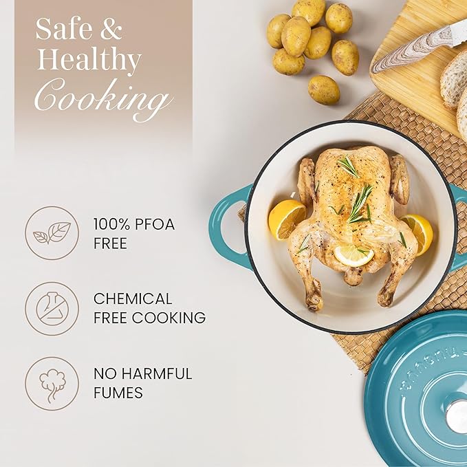 Nuovva Enamelled Cast Iron Dutch Oven Pot with Lid – 6.4 Quart Non Stick Casserole Pot – Heavy Duty & Oven Safe up to 500° F for Bread Baking, Braising, Stews, Roasting – 28cm Teal