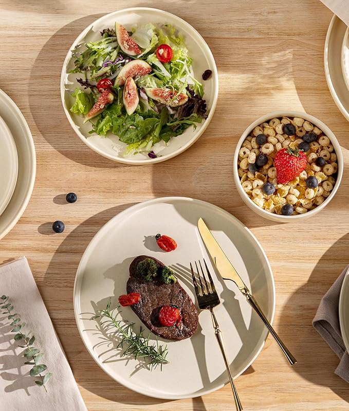 TheTerra Ceramic Dinnerware Sets for 8, 24 Pieces Handmade Reactive Glaze Plates and Bowls Set, Scratch Resistant Dish Set, Oven & Microwave & Dishwasher Safe, Matte White