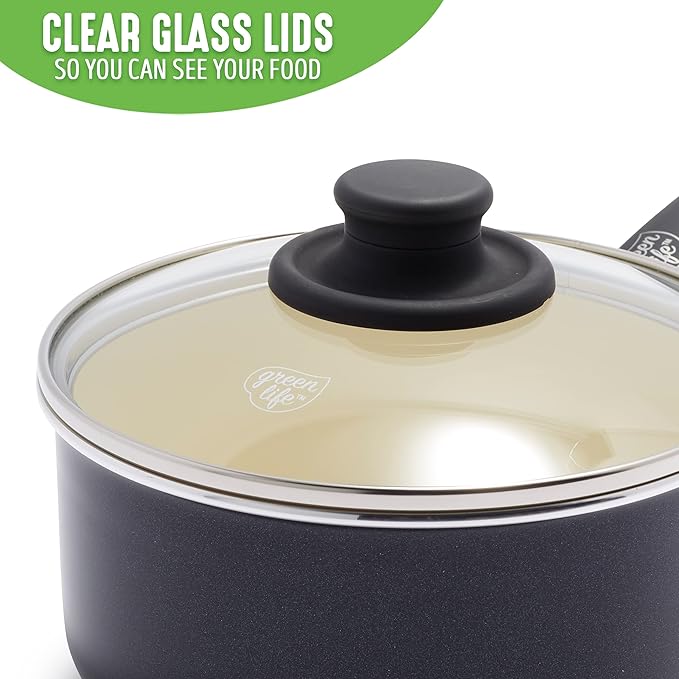 GreenLife Soft Grip 1QT and 2QT Saucepan Set, Healthy Ceramic Nonstick, Non Toxic PFAS-Free, Dishwasher Safe, Glass Lids, Stay-Cool Handles, Easy Clean Cookware, Kitchen Essentials, Black & Cream