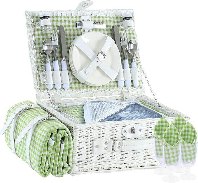 Neti Neti Wicker Picnic Basket for 4 with Insulated Cooler & Waterproof Blanket - Handwoven Luxury Outdoor Set with Ceramic Plates, Perfect for Beach, Camping & Romantic Getaways