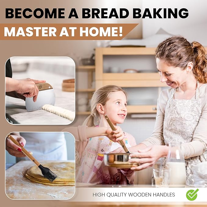 Danish Dough Whisk Stainless Steel Set 4PCS – Dough Hook 13'', Sourdough & Bread Making Tools Kit – Includes Wooden Bench Scraper, Bread Lame & Pastry Brush – Top Sour Dough Tools for Baking