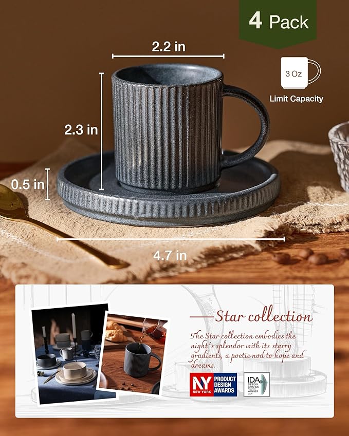 famiware Star Espresso Cups and Saucers Set of 4, [ Mini ] 3 oz Ceramic Small Coffee Mug with Handle, Ribbed Stoneware Demitasse Cup for Tea, Latte - Microwave & Dishwasher Safe - Matte Dark Charcoal