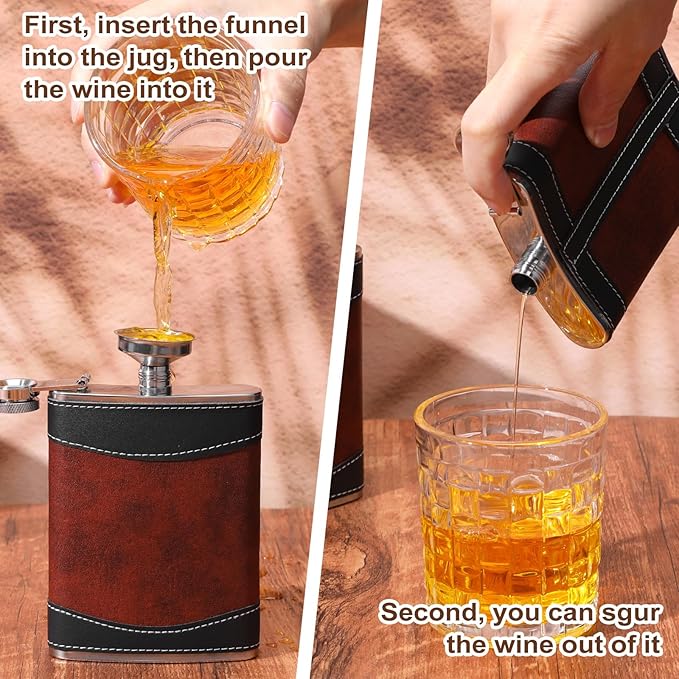 6 Pcs 8 oz Leather Hip Flasks for Liquor for Men Leak Proof Stainless Steel Drinking Flasks Bulk Soft Wrap Whiskey Flask with Funnel for Wedding Bridesmaid Christmas Gifts, Leather Brown