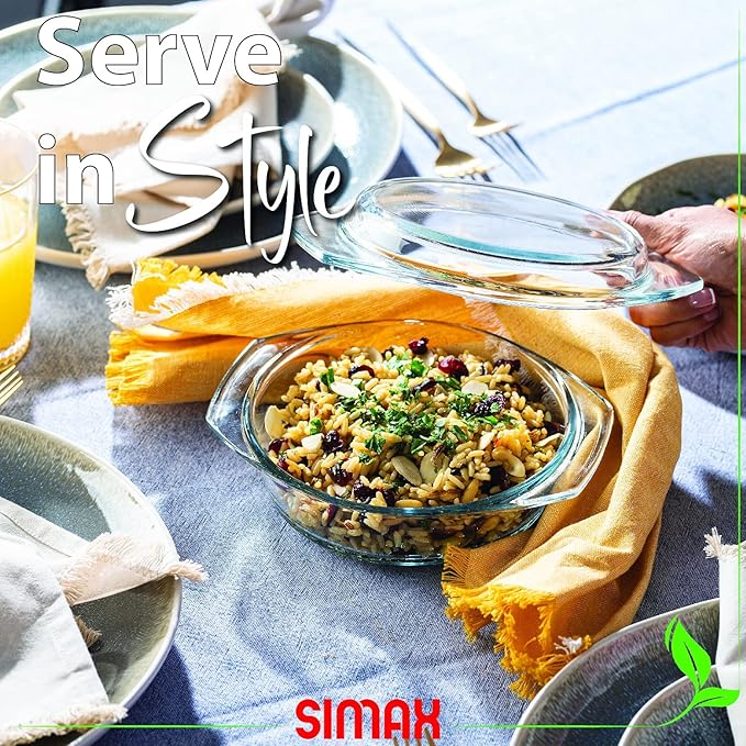 Simax Casserole Dish With Lid, 24 Ounce Round Glass Cookware, Oven and Microwave Safe Borosilicate Glass, Made In Europe 0.75 Qt