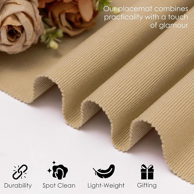 Croissant Brown Placemats Set of 6, Cotton Ribbed Tabletop, Non-Slip Wrinkle Free Kitchen Table Mats for Dining Table, 13x19 Inch