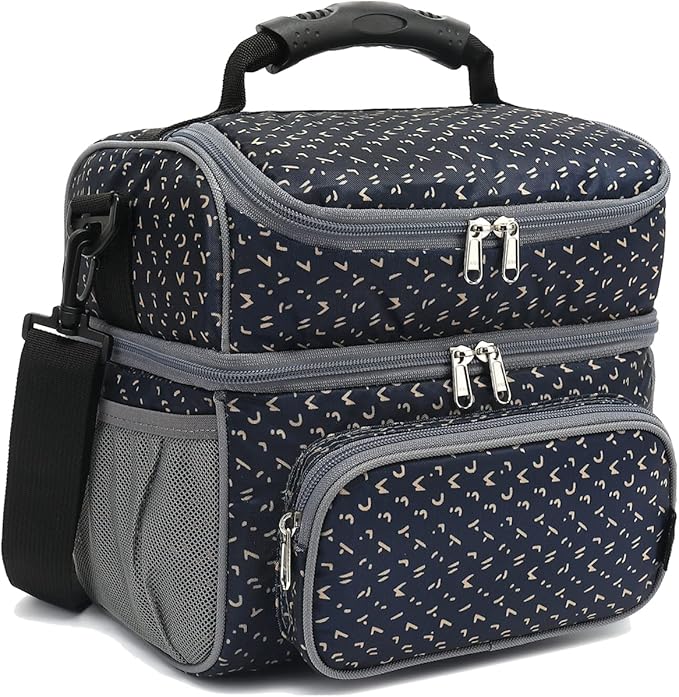 FlowFly Double Layer Cooler Insulated Lunch Bag Adult Lunch Box Large Tote Bag for Men, Women, With Adjustable Strap,Front Pocket and Dual Large Mesh Side Pockets