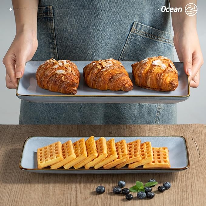 famiware Serving Platter, Rectangular 15.67/14.1/12.6inch Serving Dishes for Entertaining, Reactive Glaze, Stoneware Serving Trays for Party, Food, Turkey, Snack, Cheese, Ocean Series, Blue
