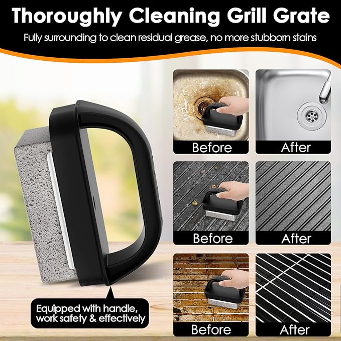 Heavy Duty Griddle Cleaning Brick with Handle- Compatible with Blackstone Flat Top Grills, Commercial Grade Pumice Stone, Easy Grip & Scrape (4 Pack)