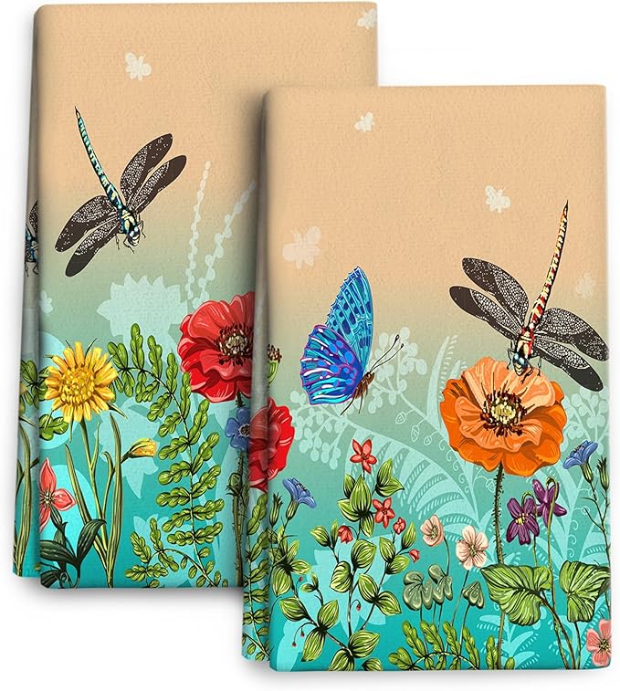 Dragonfly Floral Kitchen Towel Decorative Set of 2 Soft Absorbent Hand Towels Spring Summer Kitchen Decor Bloom Flowers Tea Towels Farmhouse Dish Towels for Kitchen Drying Bathroom Home Decor