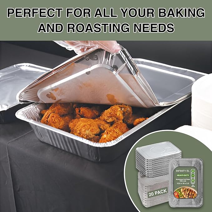 INFINITY EL Disposable Aluminum Foil Pans with Lids 20 Pack | Half 12.5" x 10" x 2.5" Deep Disposable Baking Pan | Heavy Duty Aluminum Pan for Roasting Turkey, Lasagna, Thanksgiving, Christmas, Party