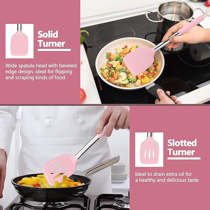 P&P CHEF Pink Kitchen Cooking Utensil Set of 4, Silicone Solid Spatulas Slotted Spoons Turners for Non-stick Cookware Flipping Mixing, Heat-proof