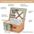 ZORMY Wicker Picnic Basket for 2 Person, Willow Hamper Basket Sets with Insulated Compartment, Handmade 2 Person Picnic Basket for Camping - GreenCheck