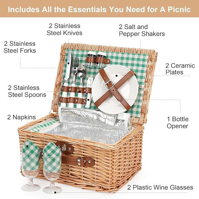 ZORMY Wicker Picnic Basket for 2 Person, Willow Hamper Basket Sets with Insulated Compartment, Handmade 2 Person Picnic Basket for Camping - GreenCheck