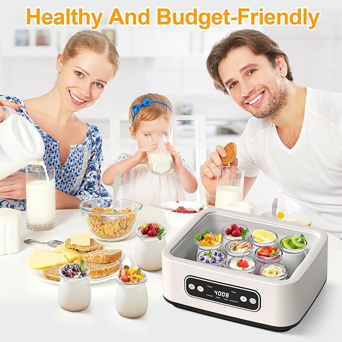 Yogurt Maker Machine, Automatic Yogurt Maker with Constant Temperature Control & Smart Timer, Digital Greek Yogurt Machine for Home, Includes 9x100ML/3.4oz Glass Jars & 1.6L Stainless Steel Liner