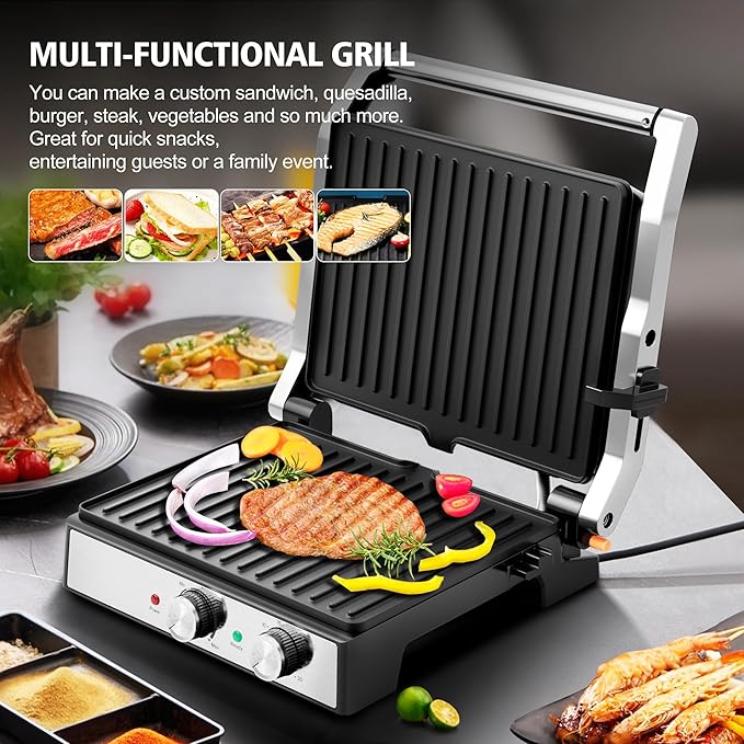 1600W Panini Press, Sandwich Maker with Temp & Time Setting, 4 Slice Large Non-stick Versatile Grill Press, Opens 180 Degrees to Fit Any Type or Size of Food