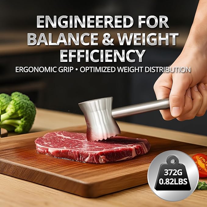 Stainless Steel Meat Tenderizer Hammer – Heavy-Duty All-Metal Design, Anti-Rust & Dishwasher Safe – Textured Surface for Steak, Chicken, Pork, and More