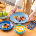 vancasso Bonita Dinnerware Set Blue Stoneware 18 Pieces Service for 6, Handpainted Spirals Pattern Stoneware Plates and Bowls Set