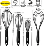 Anaeat Silicone Kitchen Whisk Set of 4, Perfect for Non-Stick Cookware, Egg Beater Milk Blender for Whisking, Cooking, Baking, Beating - 11'' Flat Whisk and 8.5''+10.5''+12'' Balloon Whisks (Black)
