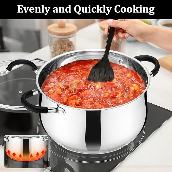 E-far 6 QT Stainless Steel Pot, Stock Cooking Pot with Visible Lid for Simmering Soup Pasta, Tri-Ply Thick Base for Induction Gas, Dual Silicone Handles for Heat Proof, Non-Toxic & Dishwasher Safe
