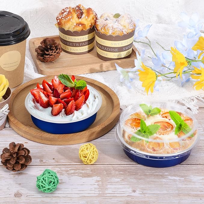 Beasea Mini Tart Pan 20 Pack with Lids, 4 Inch 8oz Jewelry Blue Disposable Aluminum Baking Foil Tins Small Round Container for Individual Dessert Cupcake Muffin Cheesecake Ramekins Quiche Oven Dishes