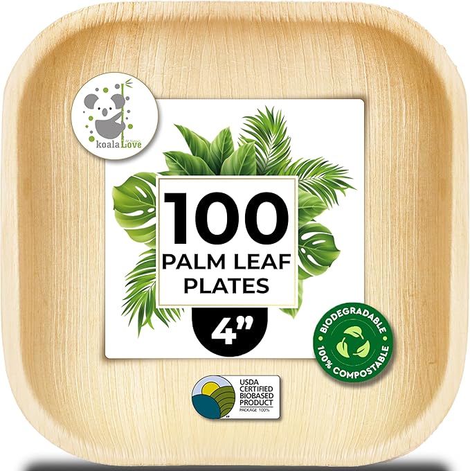 Palm Leaf Plates 4 Inch Bamboo Plate Disposable 100 Pack Small Dessert and Appetizer Square Party Plates Biodegradable Compostable Cocktail Better Than Paper Plate By KoalaLove