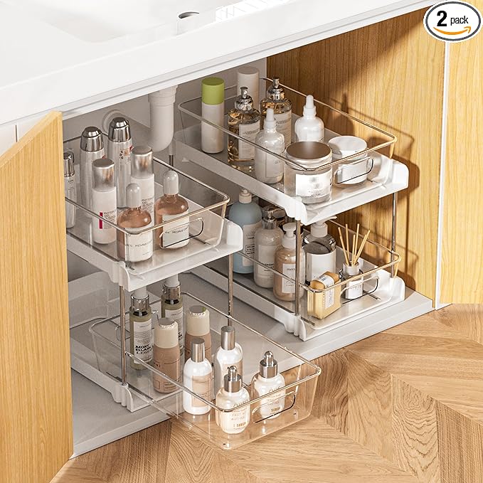 Vtopmart 2 Pack Bathroom Organizer, 2 Tier White Under Sink Organizers Vanity Countertop Storage Container,Cabinet Drawers Bins, Pull-Out Organization with Track for Pantry, Kitchen