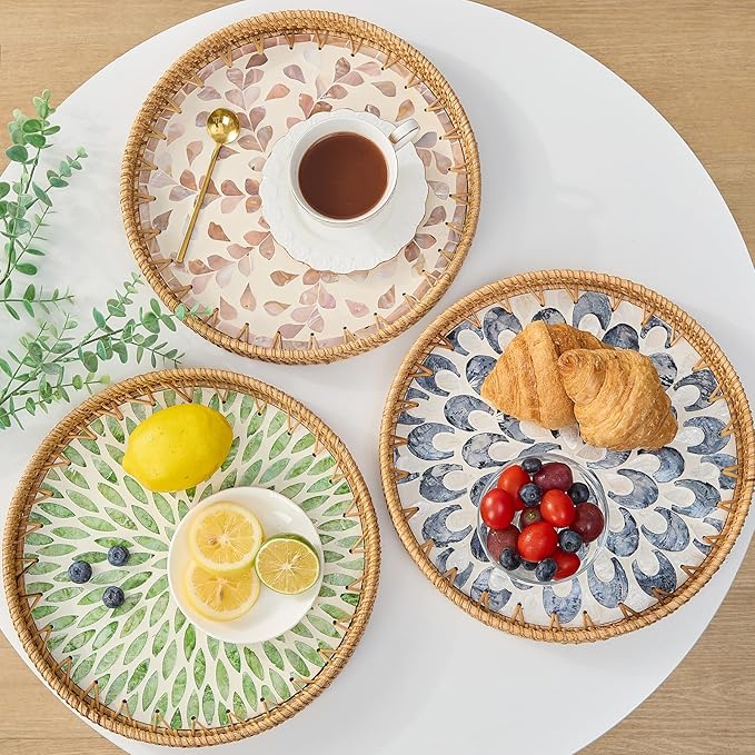 Round Rattan Tray for Home Decor 11.8 inch, Modern and Boho Decor Serving Tray with Mother of Pearl Inlay, Wicker Basket for Coffee Table, Hand Woven Decorative Tray Plates (Green)