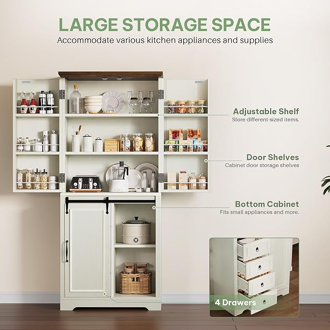 YITAHOME Pantry Cabinet, 71-Inch Tall Freestanding Storage Cabinet with 4 Drawers, Farmhouse Cupboard with Doors Storage, Adjustable Shelves, for Living Room, Dining Room, White Walnut