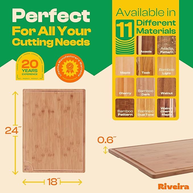 Riveira Brown Bamboo Wood Cutting Board – Gourmet Bamboo Grandeur: 24 x 18 Wooden Cutting Board – Wooden Cutting Boards For Kitchen Decorative – Innovative Juice Grooves Wooden Chopping Board