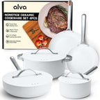 Alva Mobi 8‑Piece Ceramic Nonstick Cookware Set – Made without PFAS/PFOA/PTFE, Induction & Oven Safe, Easy‑Clean Pots & Pans with Lids, Recycled Aluminum + Stainless Handles