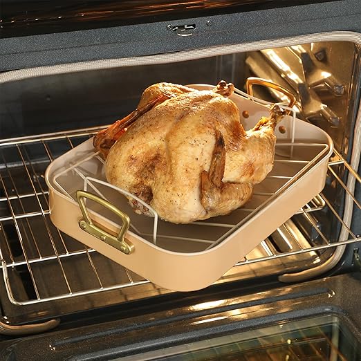 Gibson Home Broxton 2-Piece Nonstick Roaster Pan with Rack – 16 x 12 Inch Apricot Turkey Roasting Pan with Cast Aluminum Gold Handles – Oven-Safe, Easy-Clean, Holiday Cookware