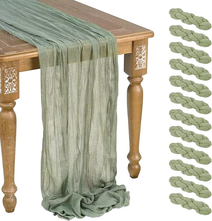 12 Pack Sage Green Cheesecloth Table Runner 10ft Boho Gauze Cheese Cloth Table Runner Rustic Sheer Runner 120 inch Long for Christmas Wedding Bridal Baby Shower Birthday Table Decorations