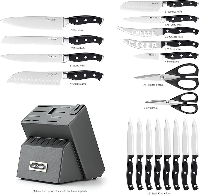McCook® Knife Sets, German Stainless Steel Forged Kitchen Knives Block Set with Built-in Knife Sharpener