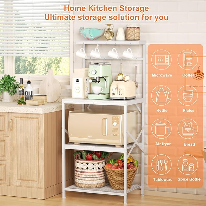 Kitchen Bakers Rack with Storage Shelves, Small Coffee Bar Cart with 8 Hooks, 4 Tiers Microwave Stand Station with Adjustable Shelves, Freestanding Kitchen Appliance Organizer, White
