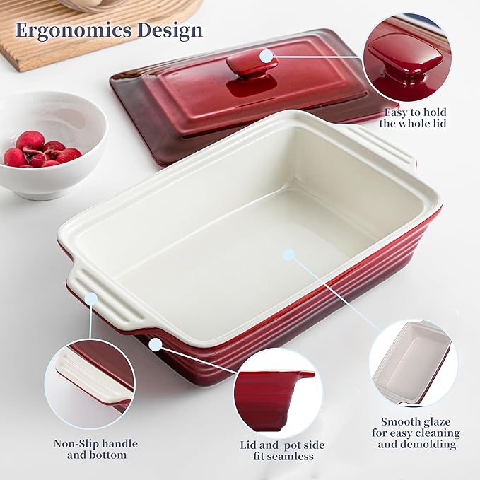LOVECASA 4.5 Quart Ceramic Casserole Dish with Lid, 9x13 Baking Dish for Oven, Lasagna Pan Deep with Handles, Stoneware Bakeware, Oven & Dishwasher Safe, Gradient Red