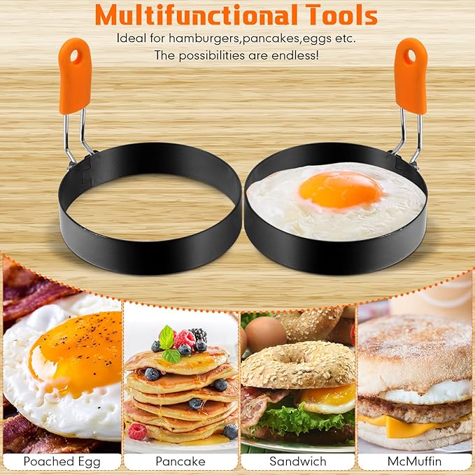 Patelai 4 Pcs Professional Egg Ring Pancake Ring Set Stainless Steel Fried Egg Griddle Pancake Shapers with Orange Silicone Handle for Breakfast Omelette Sandwich (4 Inch)