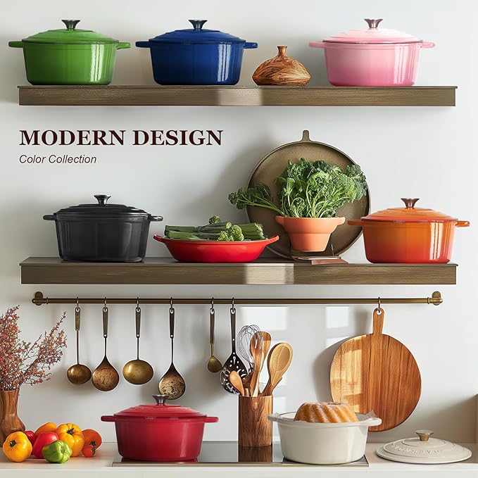 Overmont Enameled Cast Iron Dutch Oven - 5.5QT Pot with Lid Cookbook & Cotton Potholders - Heavy-Duty Cookware for Braising, Stews, Roasting, Bread Baking Indigo Blue