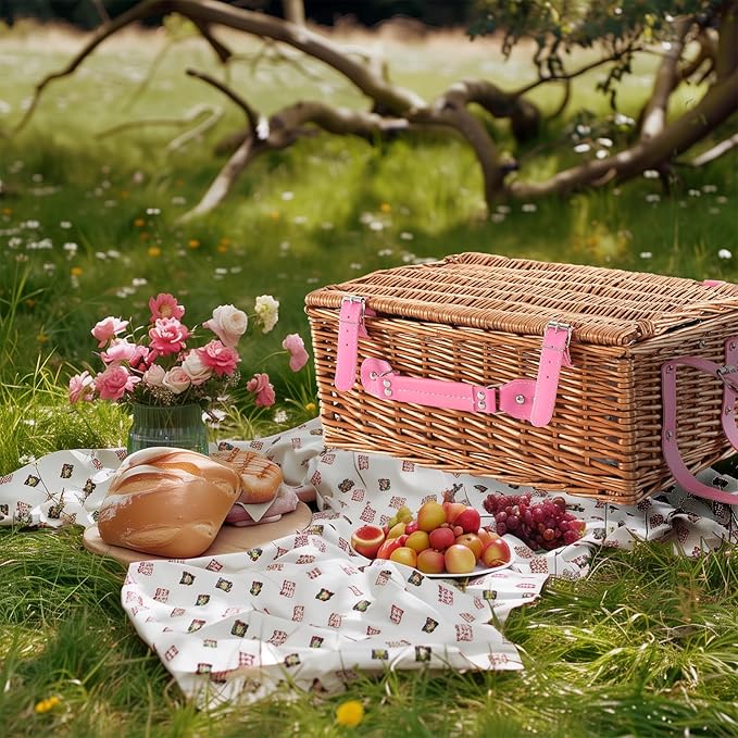 Picnic Basket Set for 4 with Waterproof Blanket Mat Insulation Bag Wicker Pink Floral Classic Fresh Gift for Wedding Birthday Summer Camp Outdoor Camping Beach Travel Christmas Thanksgiving