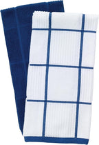 T-fal Solid & Checked Parquet Kitchen Towels: Highly Absorbent, Super Soft Long Lasting - 100% Cotton, 16"x26" Dish Towels for Cleaning & Drying Dishes, Pans, Glassware, or Countertops, (2-Pack), Blue