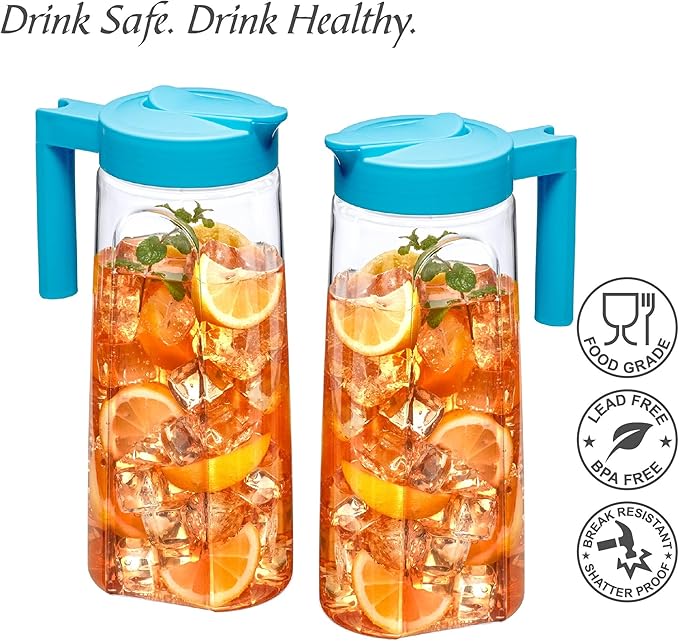 Amazing Abby - Slim - 2-Pack Tritan Pitcher (64 oz), Unbreakable Plastic Water Pitcher with Lid, BPA-Free, Heat-Resistant, Dishwasher-Safe, Great for Both Iced and Hot Drinks, Blue