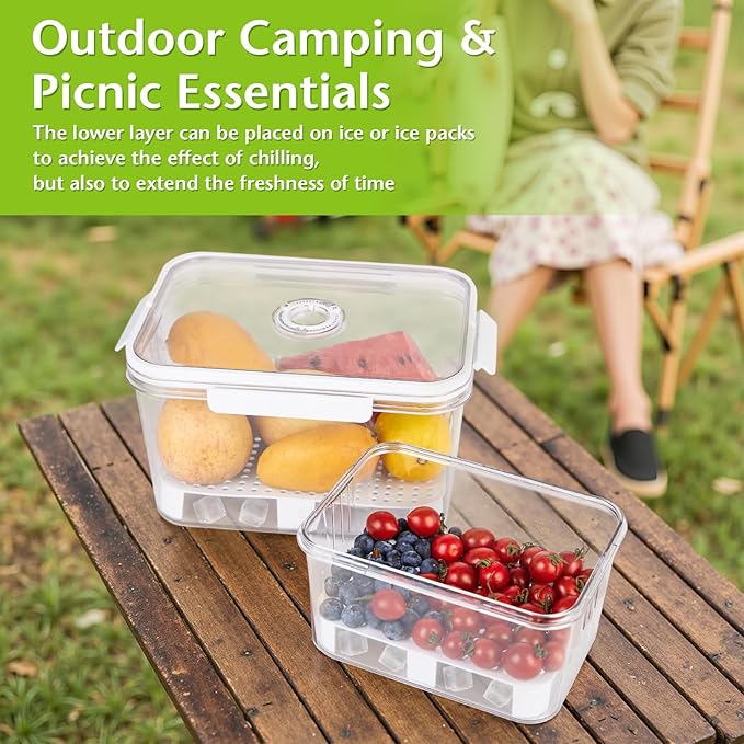 2 PCS Fruit Storage Containers for Fridge with Timer & Strainer, 5.5L+2.3L Bread Box BPA-Free Produce Keepers Leakproof Food Containers with Handle Airtight Lids for Vegetables Fruit Meat Fresh Longer