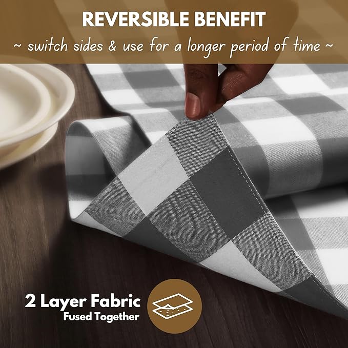 Native Fab Table Runner Buffalo Check Plaid 100% Cotton - 13x102 Inches Kitchen Dining Table Decoration for Indoor Outdoor Farmhouse Home Party Decor - Grey and White