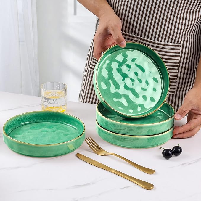 E-far Pasta Bowls Set of 4, 30oz Shallow Salad Bowls for Dinner Serving, 8.25" Stoneware Ceramic Bowl Plates for Noodle Soup, Microwave & Dishwasher Safe, Reactive Glaze, Green