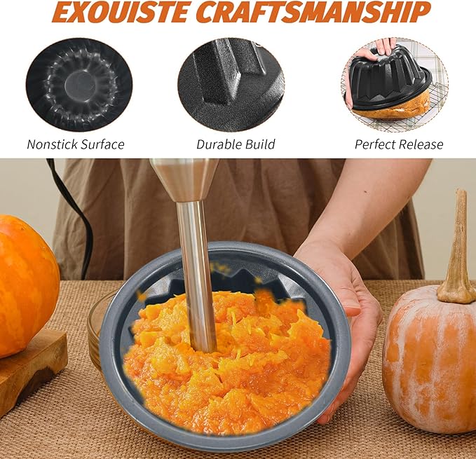 4 Inch Nonstick Mini Bundt Cake Pan Set, Carbon Steel Fluted Baking Molds for Cupcake, Muffin, Brownie, Pudding - Black (4 - Piece)