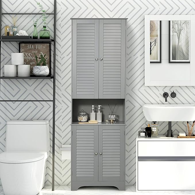 HOMCOM Tall Narrow Bathroom Storage Cabinet with Doors and Shelf Adjustability, Freestanding Linen Cabinet with 2 Cabinets and Countertop, Gray