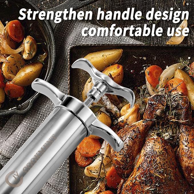 Meat Injector Syringe 2-oz Marinade Flavor Barrel 304 Stainless Steel with 3 Marinade Needles, Travel Case for BBQ Grill Smoker, Turkey, Brisket, Paper Instruction and E-book Included by JY COOKMENT