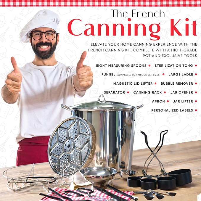 Canning pot with rack and lid - Water bath canner for canning - Complete premium canning kit with large Pot 21.5 Qt in stainless steel 304 - The French canning kit by La Cuisine de Camille